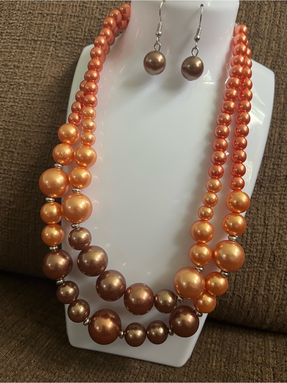 Elegant Orange Pearl Multi-Strand Necklace with Matching Earrings